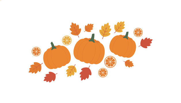 Scattered composition of orange pumpkins accompanied by autumn leaves and citrus slices arranged horizontally to create a clean minimalist display for seasonal marketing or web banners.