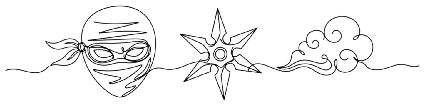 Ninja head shuriken throwing star and asian cloud in minimalist one line drawing style
