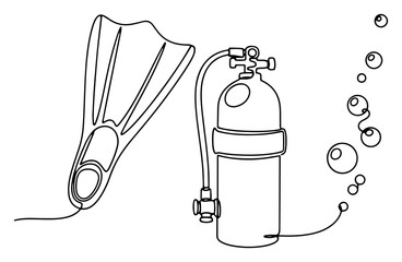 Scuba diving tank flippers and air bubbles in minimalist one line drawing style © OnlyVector