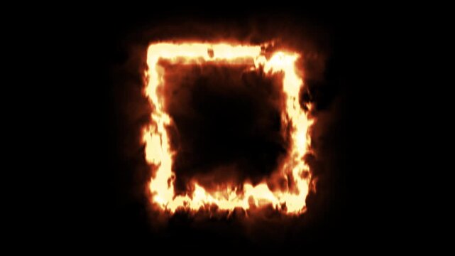 Fantasy style gold neon square frame animation with ethereal light aura, shiny yellow magical energy rectangle with smoke isolated on black 4K