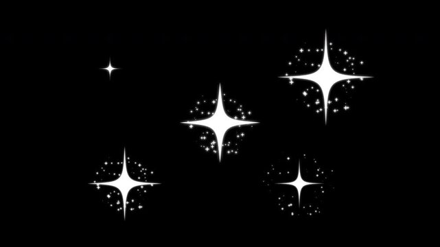 White glowing twinkle star animation with cartoon doodle sparkles, magical glitter explosion on black screen, stars blinking stars, cute white cartoon star flashes, flat vector style, 4k