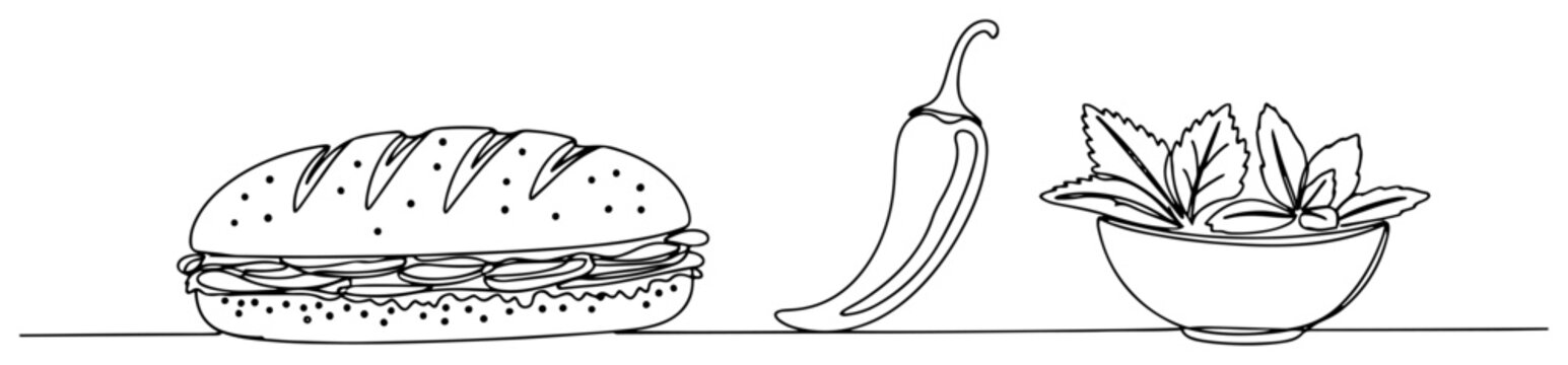 Banh mi sandwich chili pepper and herbs in minimalist one line drawing style