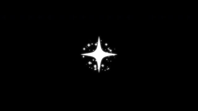 White glowing twinkle star animation with cartoon doodle sparkles, magical glitter explosion on black screen, stars blinking stars, cute white cartoon star flashes, flat vector style, 4k
