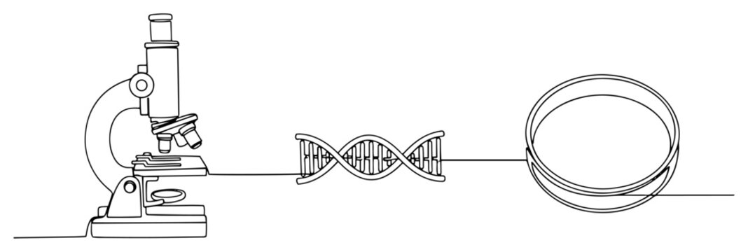 Genetic research with microscope DNA helix and petri dish in continuous line art style