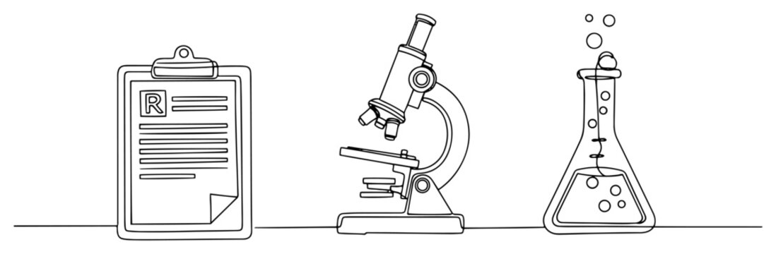 Medical research with microscope prescription clipboard and flask in continuous line art style