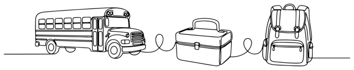 School bus lunch box and backpack for students in continuous line art style © OnlyVector
