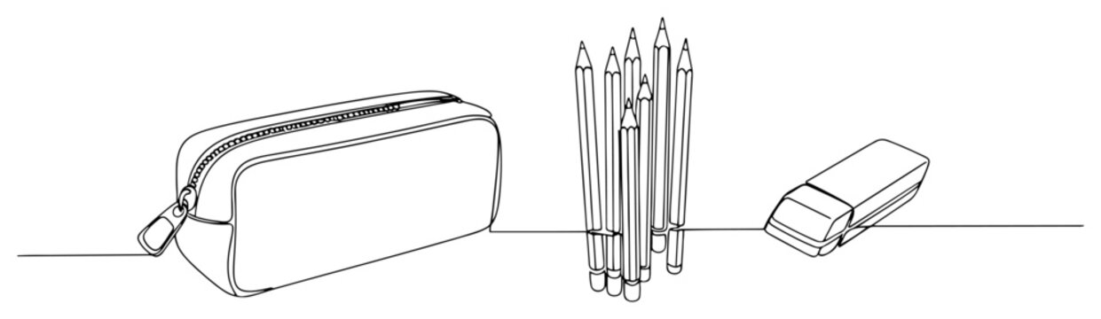 Pencil case pencils and eraser for school supplies in continuous line art style