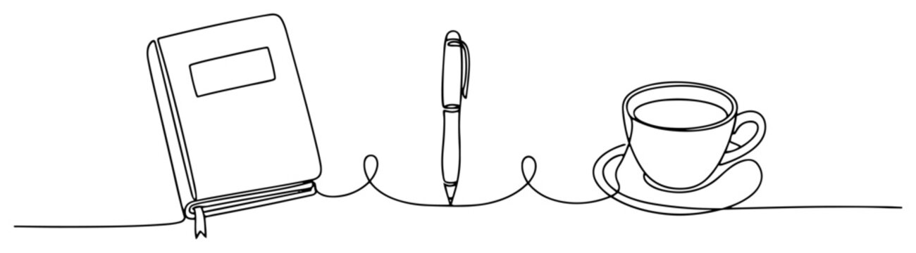Notebook pen and coffee cup in minimalist one line drawing style