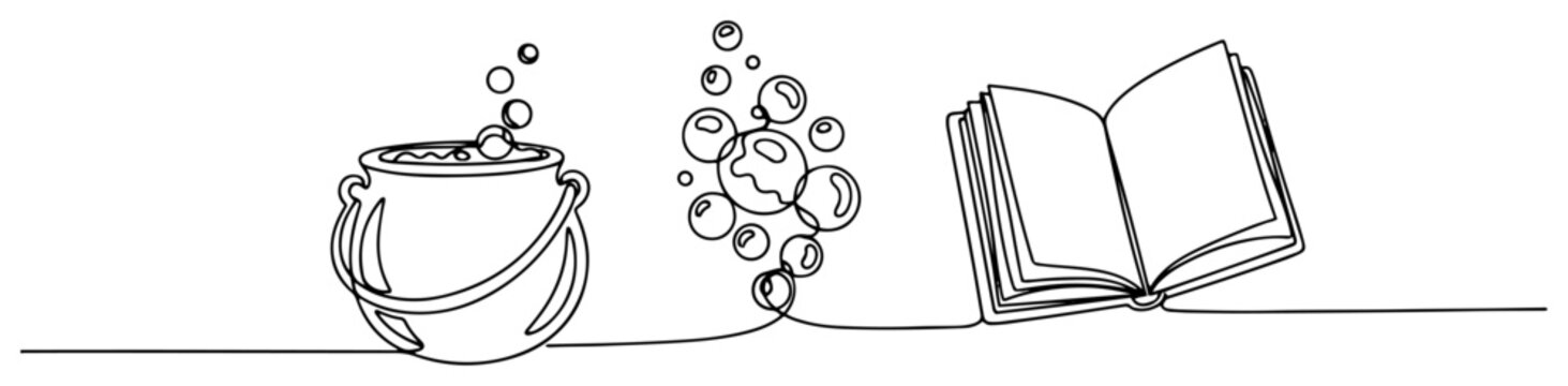 Witch cauldron with magic bubbles and open spell book in continuous line art style
