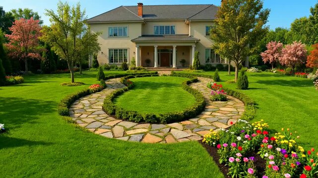 Landscaped Garden with Stone Pathway and Home View in Daylight