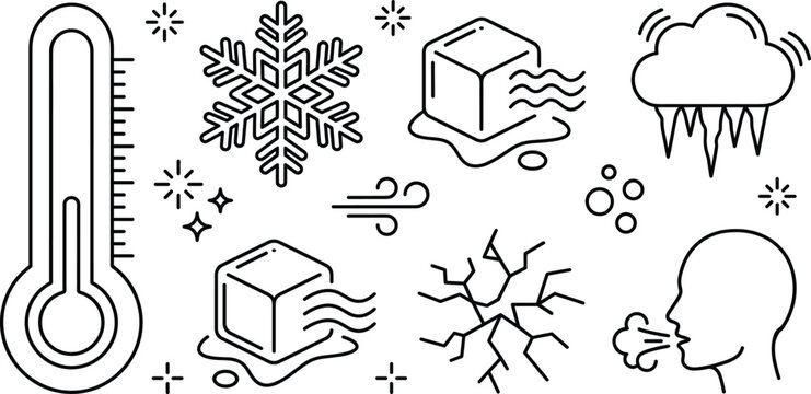Winter freezing cold weather vector outline icon set featuring thermometer snowflake ice cubes and frost elements design