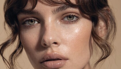 Fototapeta premium Elegant Beauty Portrait with Soft Bangs and Hazel Eyes