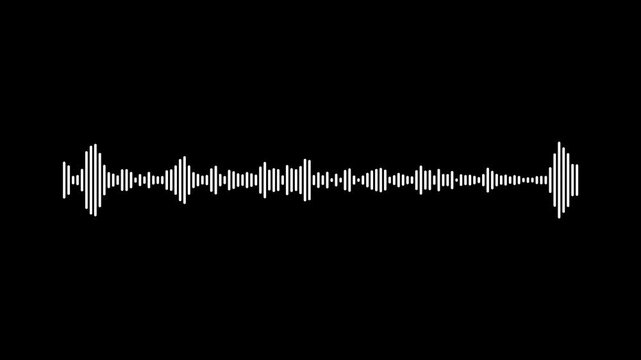 Music sound wave animation, white waveform spectrum, black background rhythmic frequency motion, seamless equalizer loop, digital podcast waveform, high quality audio visualization element. 4K