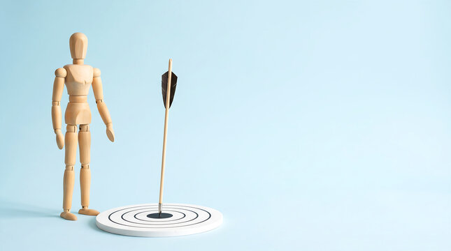 Business target achievement and success strategy concept with wooden mannequin and arrow in bullseye with copy space for corporate presentation