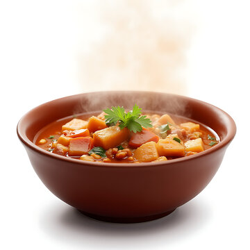 Steaming bowl of vegetable soup with fresh herbs on white background  