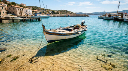 Obraz premium Small wooden fishing boat floating in crystal clear turquoise water at coastal harbor. Traditional vessel anchored in scenic Mediterranean bay. Sunny summer travel and marine vacation concept.