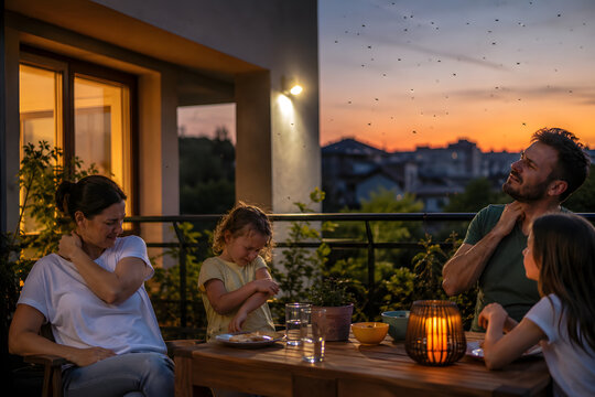 Family on a summer terrace at dusk surrounded by increasing mosquito activity, illustrating climate change, public health risks and changing outdoor living conditions.
