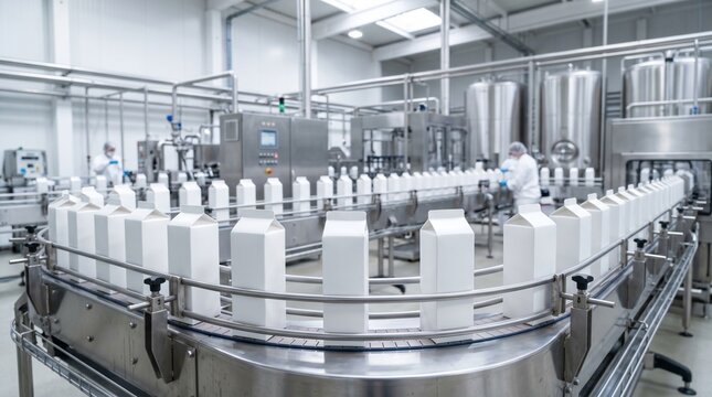 .Moderne Produktionslinie mit wei&szlig;en unbedruckten Milchkartons auf einem F&ouml;rderband in einer automatisierten Molkerei oder Getr&auml;nkefabrik.