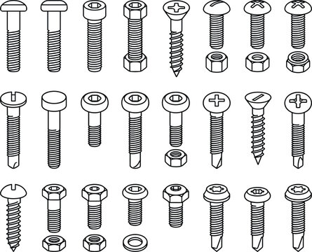 Industrial metal screws bolts nuts and fasteners vector outline icon set for hardware store design
