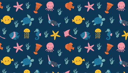Cute deep sea creatures seamless pattern on dark blue background, vector ocean animals fabric design © TATYANA