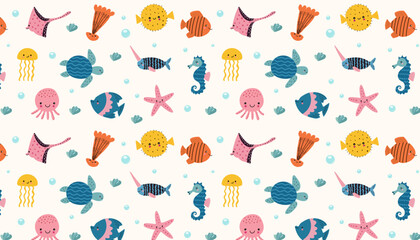 Cute deep sea creatures seamless pattern on white background, vector ocean animals fabric design © TATYANA