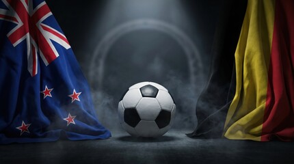Fototapeta premium Soccer ball between new zealand and belgium flags on a dark stadium background