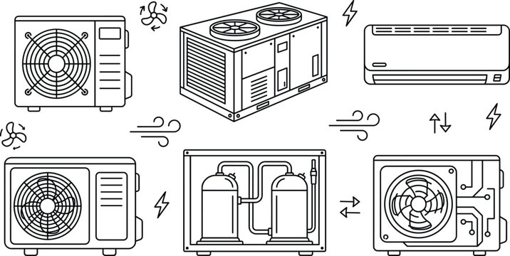 Air conditioner vector outline icon set featuring HVAC units compressor cooling system and conditioning equipment design