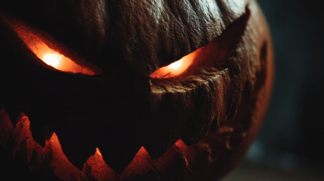 Extreme close-up of glowing evil jack-o-lantern with fiery orange eyes and sharp teeth on dark background