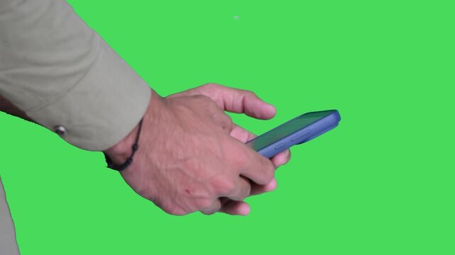 Close Up of Hand Using Smartphone Isolated on Green Screen Background PNG, Mobile Phone Interaction, Touchscreen Device in Human Hands, Digital Communication Concept, Chroma Key Technology Mockup for 