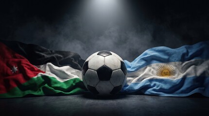 Obraz premium Soccer ball between the flags of jordan and argentina on a dark background