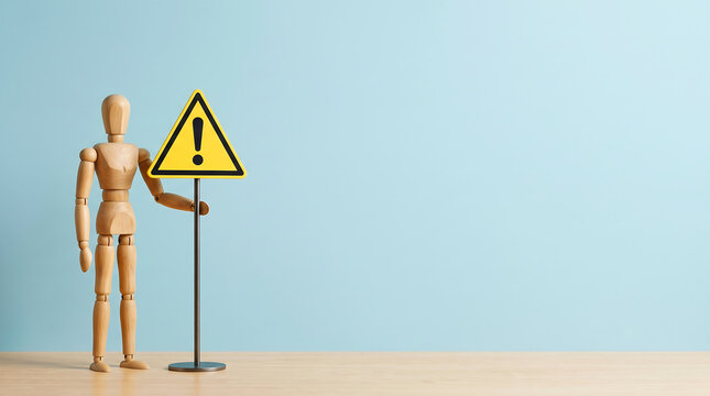 Business risk alert and performance caution concept with wooden mannequin holding exclamation sign for corporate management presentation background