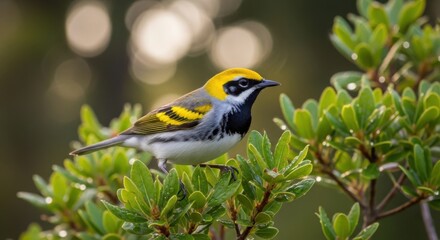 Fototapeta premium Small colorful bird perched on green leafy branches in sunlight