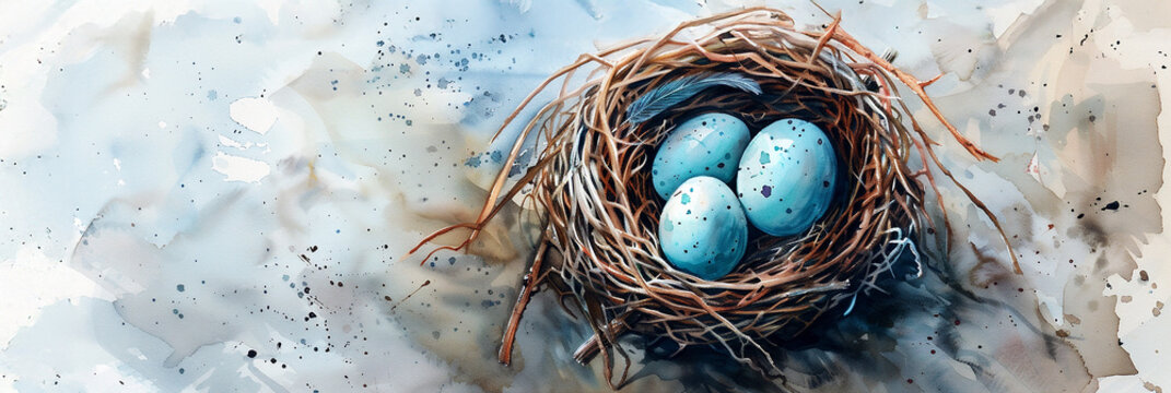 Blue eggs in a nest surrounded by soft watercolor textures on a light background