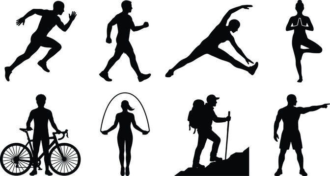Fitness, exercise, yoga, cycling, and outdoor activity silhouettes for healthy lifestyle illustration