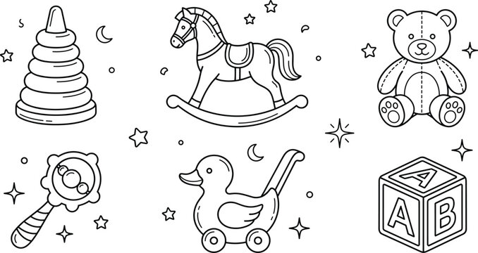 Cute baby toys icon set vector line art outline teddy bear rocking horse stack pyramid block