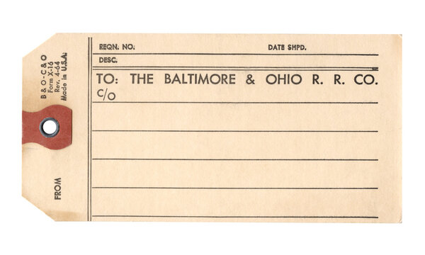 Authentic 1940s Baltimore & Ohio Railroad Blank Shipping Tag Ephemera - B&O RR Co. Freight Label - Vintage Railway Branding - Isolated on White