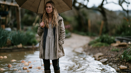 Obraz premium A woman in rain boots stands in a flooded backyard garden puddle holding an umbrella upward with a resigned smile, tulip bulbs floating past her feet, capturing April showers