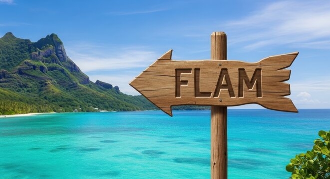 Wooden signpost with flam text pointing left on tropical beach background