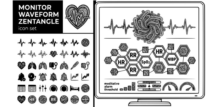 ICU Monitor Waveform Zentangle Black White-Vital Mandala Parameter Alarm-ICU Art Vector-Waveform Icon Zentangle-ICU Design Set