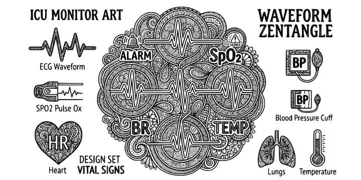 ICU Monitor Waveform Zentangle Black White-Vital Mandala Parameter Alarm-ICU Art Vector-Waveform Icon Zentangle-ICU Design Set