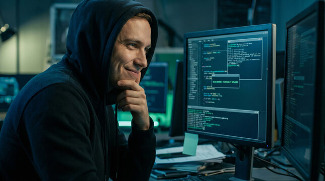Smiling cyber hacker exploiting vulnerability on computer screens