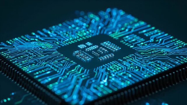 Close-up view of a microprocessor chip with intricate circuit patterns emitting a neon blue glow against a dark surface.