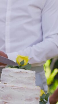 Vertical video: Lowering knife man white shirt slicing tiered cake with yellow roses at yard party