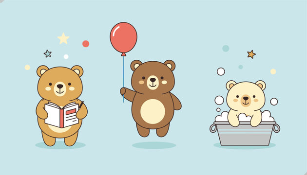 Three adorable teddy bears are depicted engaging in different activities such as reading a book, flying with a balloon and bathing.