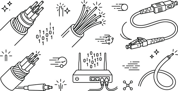 Fiber optic cable network and router icon set vector line art outline for high speed internet