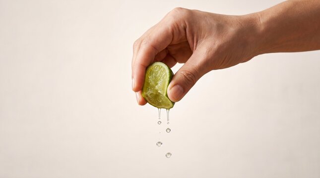Hand squeezing lime wedge with juice drops