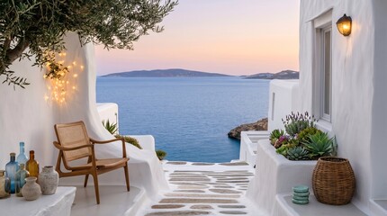 Fototapeta premium Seaside terrace with sea view at sunset