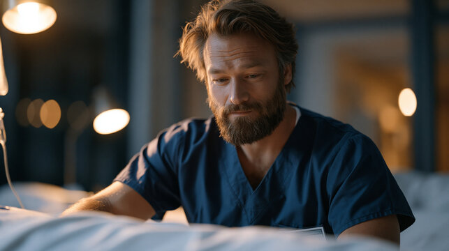 A male nurse checks a patient's IV line in a hospital room at night, his face softened by lamplight, the rest of the ward quiet behind him, capturing night shift healthcare,