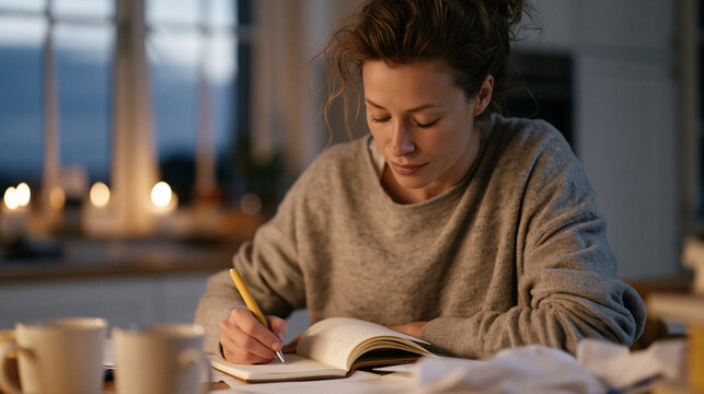 A determined woman writes ambitious career goals in a leather journal at a cluttered kitchen table before dawn, surrounded by half-empty mugs and crumpled paper, embodying New