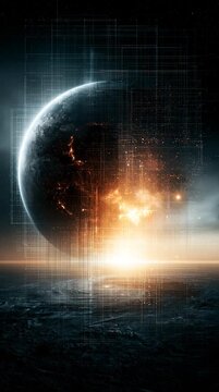 Reality dissolving into geometric grids and luminous code, planets and galaxies revealing hidden digital frameworks, cinematic visualization of simulation theory and cosmic digital structures.